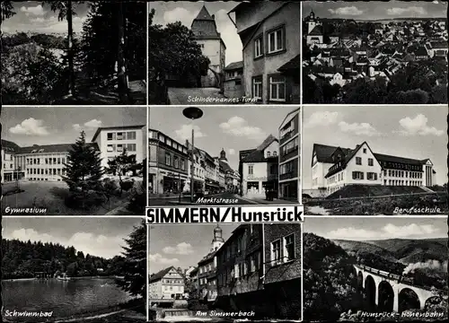 Ak Simmern im Rhein Hunsrück Kreis, Schinderhannes Turm, Höhenbahn, Dampflok, Marktstraße