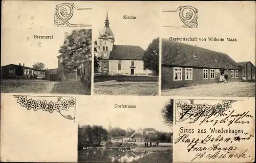 Ak Wredenhagen Mecklenburg Vorpommern, Brennerei, Kirche, Gastwirtschaft Wilhelm Maak, Dorfstraße