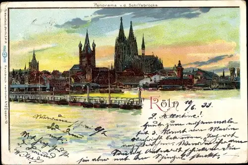 Litho Köln am Rhein, Stadtpanorama von der Schiffsbrücke, Kölner Dom