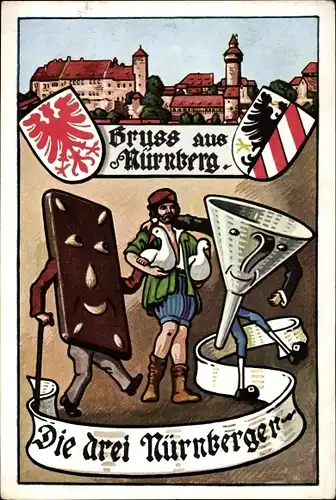 Wappen Ak Nürnberg in Mittelfranken Bayern, Die drei Nürnberger, Lebkuchen, Trichter, Gänsemännchen