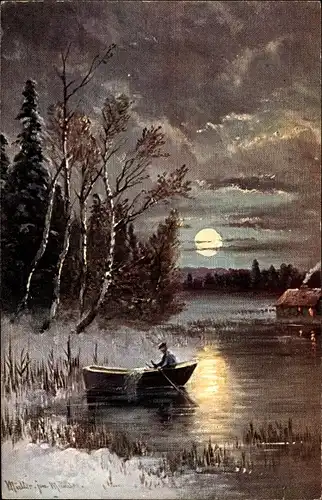 Künstler Ak Müller jun., M., Nachtszene, Ruderboot, Winter