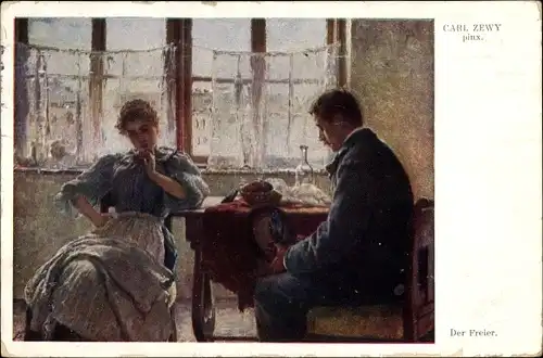 Künstler Ak Zewy, Carl, Der Freier, Mann und Frau am Fenster sitzend
