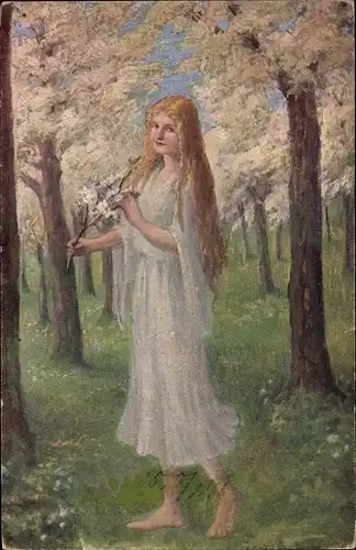 Künstler Ak Heydenbluth, Unter Blüten, Blonde Frau in weißem Kleid, barfuß