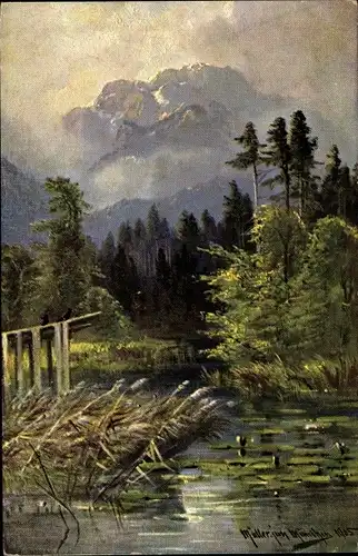 Künstler Ak Müller, M. jun., Landschaftsansicht, Blick über ein Gewässer ins Gebirge mit Seerosen