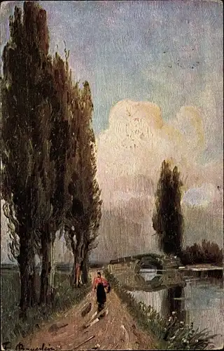 Künstler Ak Bayerlein, F., Frau auf einem Uferweg, Brücke, Bäume, Landschaft