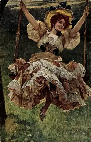 Künstler Ak Schmutzler, L., Junge elegante Frau auf einer Schaukel