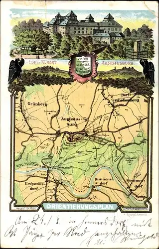 Landkarten Litho Augustusburg im Erzgebirge, Grünberg, Kunnersdorf, Schloss