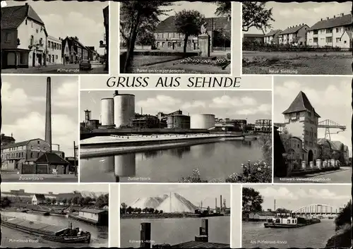 Ak Sehnde in Niedersachsen, Zuckerfabrik, Kriegerdenkmal, Mittelland Kanal, Kaliwerk Hafen, Siedlung