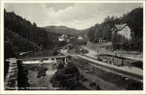Ak Floßplatz Wolkenstein Erzgebirge, Flusspartie mit Blick auf den Ort, Bahnhof, Bahnstrecke, Wehr