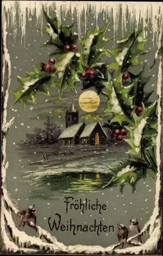 Präge Litho Glückwunsch Weihnachten, Stechpalmenzweige, Vögel, Kirche, Schneefall