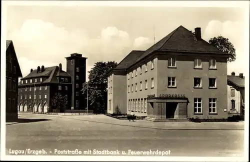 Ak Lugau Erzgebirge, Poststraße mit Stadtbank und Feuerwehrdepot