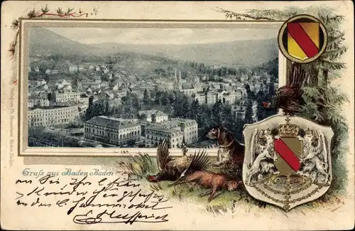 Präge Wappen Passepartout Ak Baden Baden Stadtkreis Baden Württemberg, Blick auf Stadt, Jagdmotive