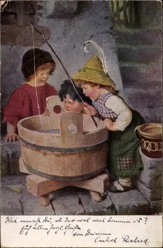 Künstler Ak Kaulbach, Hermann, Wo ist der Fisch, Kinder angeln in einem Holzbottich