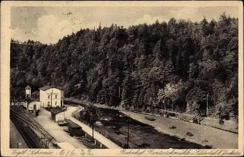 Ak Rentzschmühle Pöhl im Vogtland, Blick auf den Bahnhof, Fluss, Waldpartie