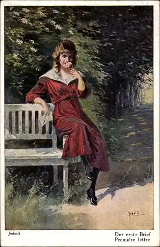 Künstler Ak Jodolfi, Der erste Brief, junge Frau in rotem Kleid auf einer Bank