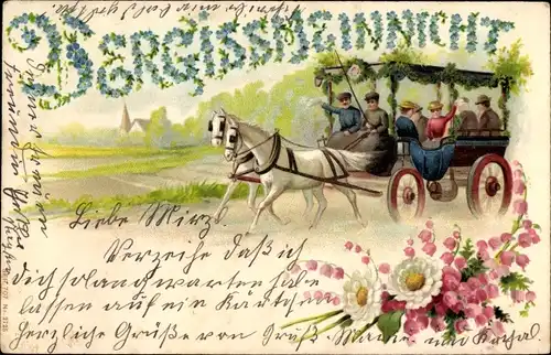 Präge Litho Vergissmeinnicht, Geschmückte Kutsche, Ausfahrt, Blumen