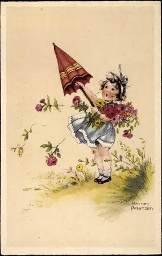 Künstler Ak Petersen, Hannes, Mädchen mit gepflückten Blumen, Schirm, Wind
