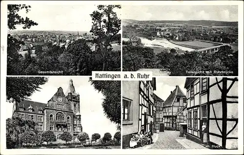 Ak Hattingen im Ennepe Ruhr Kreis, Gesamtansicht, Teilansicht mit Ruhrbrücke, Rathaus, im Huck