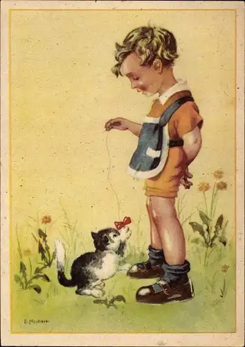 Künstler Ak Neubert, E., Junge spielt mit einer Katze