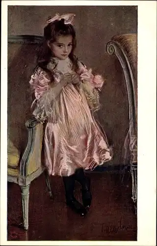 Künstler Ak Axentowicz, T., Junges Mädchen, Rosa Kostüm