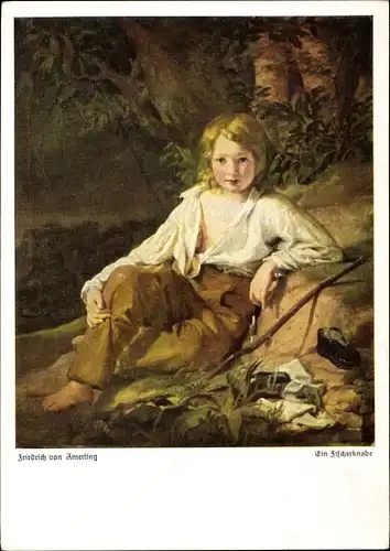 Künstler Ak Amerling, Friedrich von, Ein Fischerknabe, Junge mit Angel am Ufer
