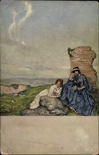 Künstler Ak Liebermann, Ernst, Auf Bergeshöhe, Volkskunstverlag 35 320, zwei Frauen, Ruine