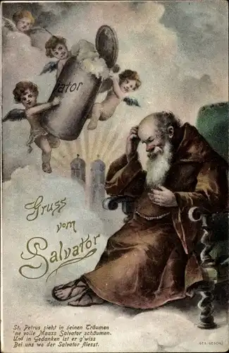 Künstler Ak Gruß vom Salvator, Petrus träumt von Salvator Bier, Engel mit Bierkrug