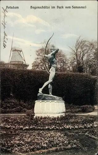 Ak Potsdam in Brandenburg, Bogenschütze im Park von Sanssouci, Windmühle