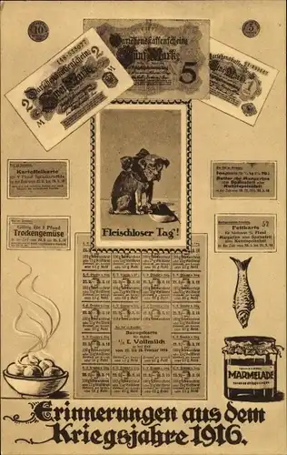 Geldschein Ak Kriegsjahre 1916, Fleischloser Tag, 5 Mark, Darlehenskassenschein