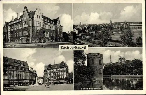 Ak Castrop Rauxel im Ruhrgebiet, Rathaus, Teilansicht, Markt, Schloss Bladenhorst