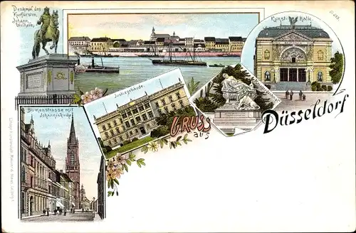 Litho Düsseldorf am Rhein, Reiterdenkmal Kurfürst Johann Wilhelm, Kunsthalle, Blumenhalle