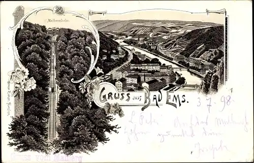 Litho Bad Ems im Rhein Lahn Kreis, Totalansicht vom Ort, Malbergbahn