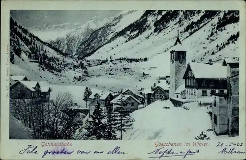 Ak Göschenen Kt. Uri, Gotthardbahn, Ortschaft im Winter, Kirche