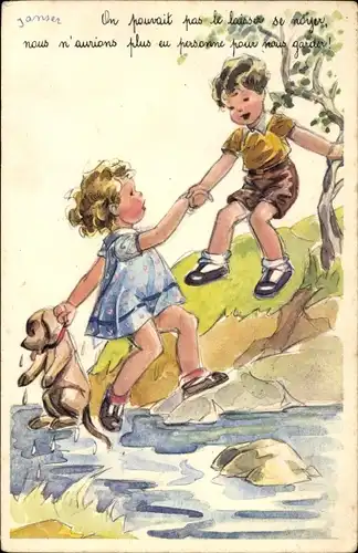 Künstler Ak Janser, Junge zieht Mädchen aus einem Fluss, Hund