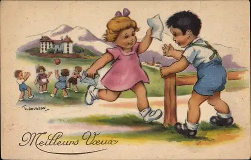 Künstler Ak Gougeon, T., Mädchen rennt mit einem Brief zu einem Jungen