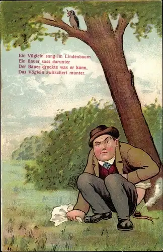 Litho Ein Vöglein sang im Lindenbaum, ein Bauer sass darunter, der Bauer druckte was erkann