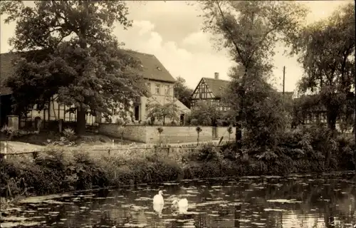 Ak Weißbach Schmölln in Thüringen, Blick vom Wasser zum Ort, Fachwerkhäuser