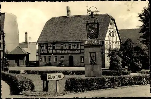 Ak Meerane in Sachsen, Gasthof Schwanefeld, Fachwerkhaus, Wappen