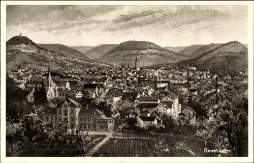 Künstler Ak Reutlingen in Baden Württemberg, Panoramablick über die Stadt