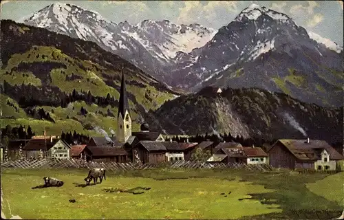Künstler Ak Müller, M. jun., Fischen im Allgäu in Schwaben, Schöllangerburg, Kühe, Blick auf den Ort