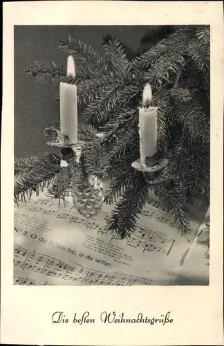 Ak Glückwunsch Weihnachten, Brennende Kerzen am Tannenbaum, Notenblätter, O du fröhliche