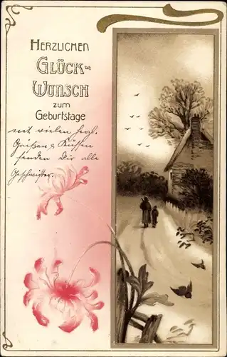 Präge Litho Glückwunsch Geburtstag, Zwei Personen auf einem Weg, Haus, Vögel, Blumen