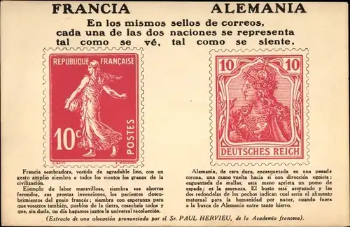 Briefmarken Ak Francia, Alemania, 10 Pfennig Deutsches Reich, Republique Francaise Postes