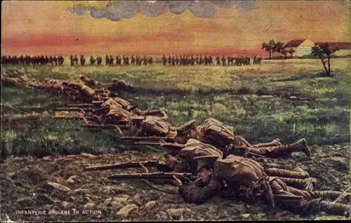 Künstler Ak Infanterie Anglaise en Action, englische Soldaten im Gefecht