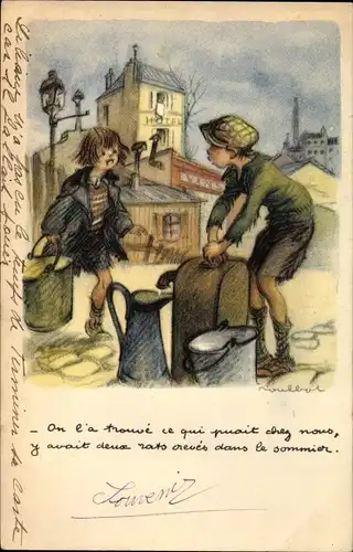 Künstler Ak Poulbot, Francisque, Junge an der Wasserpumpe, Mädchen kommt mit einem Eimer