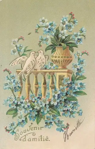 Präge Litho Souvenir d'amitie, zwei weiße Tauben auf einem Geländer, Vergissmeinnichtblüten
