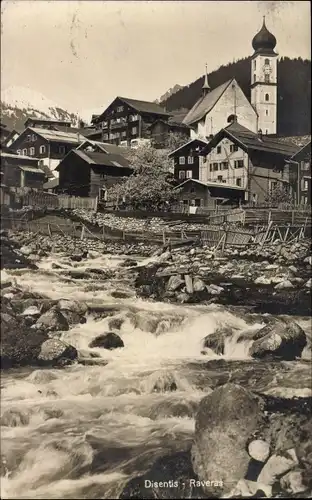 Ak Disentis Mustér Kt. Graubünden Schweiz, Raveras, Kaskaden, Kirchturm