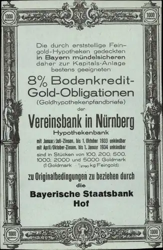 Ak Nürnberg, Goldhypothekenpfandbriefe der Vereinsbank, Bayerische Staatsbank Hof