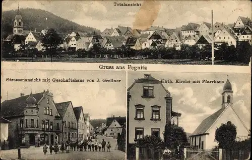 Ak Pegnitz Oberfranken, Totale, Straßenpartie mit Geschäftshaus von J. Grellner, Kirche, Pfarrhaus