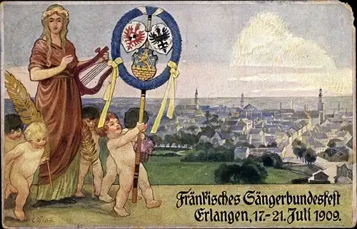 Künstler Ak Röger, C., Erlangen in Mittelfranken Bayern, Fränkisches Sängerbundesfest 1909, Wappen